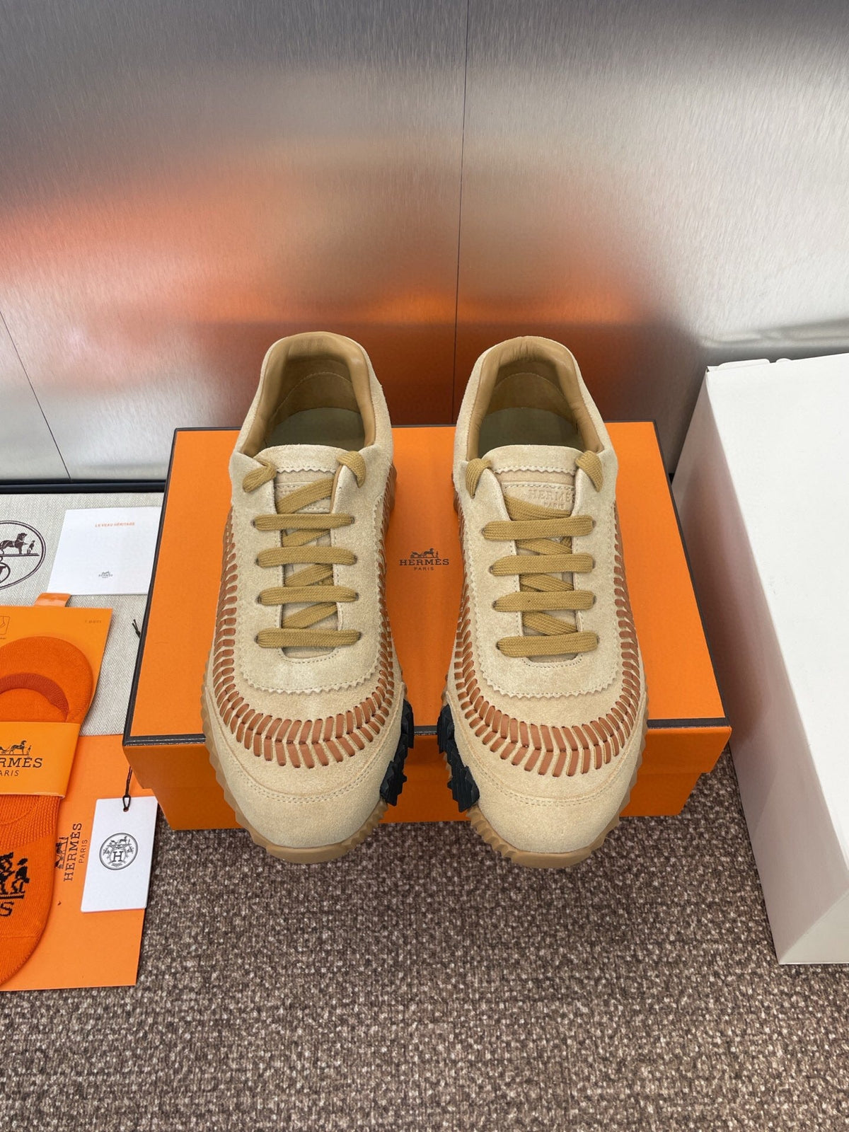 HM Bouncing Sneakers Caramel Brown Canvas & Suede Light Beige H Brown