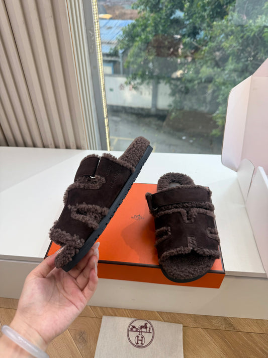 HM Chypre Sandals Chocolat Shearling Suede 967715