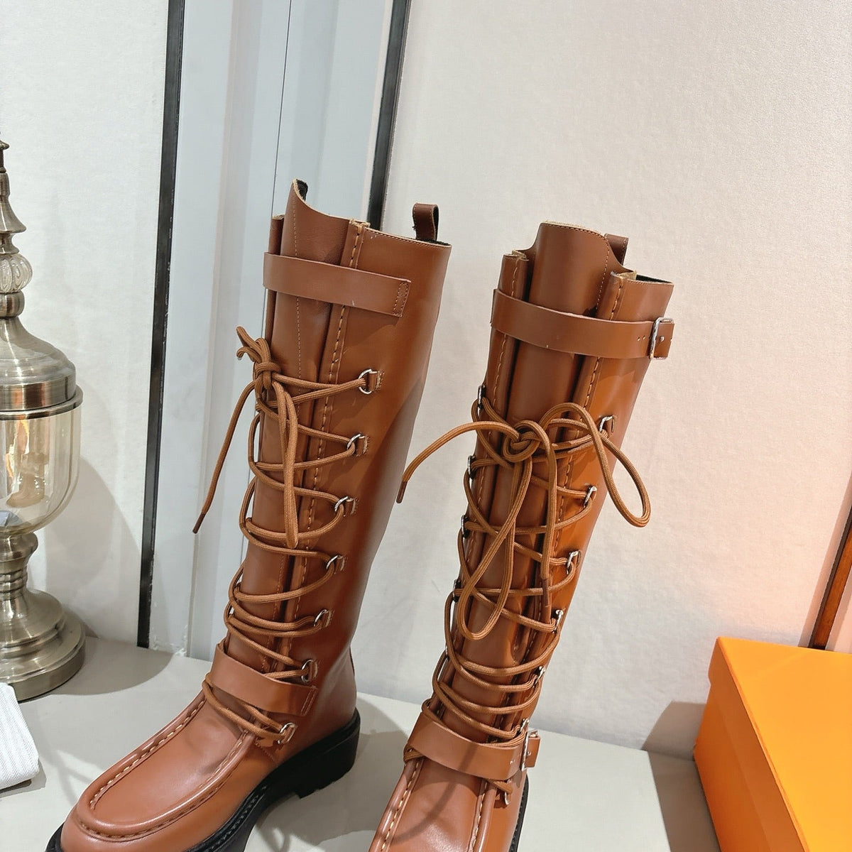 HM Lace Up Boots 25mm Belt Buckle Caramel Leather 466586