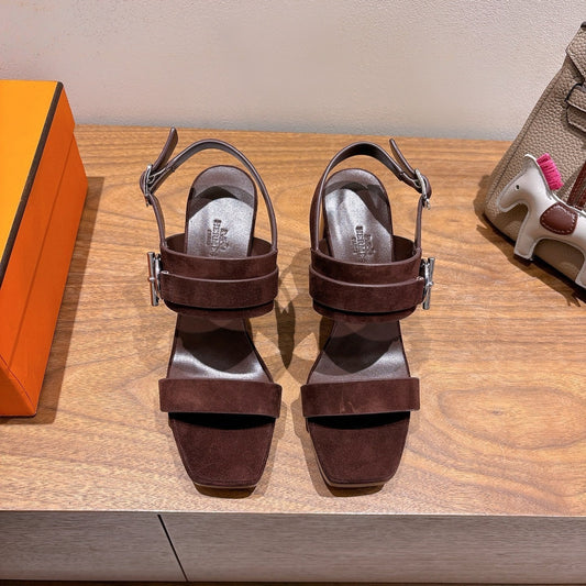 HM 26S Gigi 85 Sandal In Dark Brown Calfskin Silver Hardware