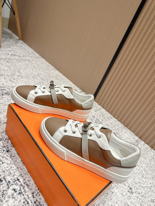 HM Casual Sneakers Buckle Taupe White Leather