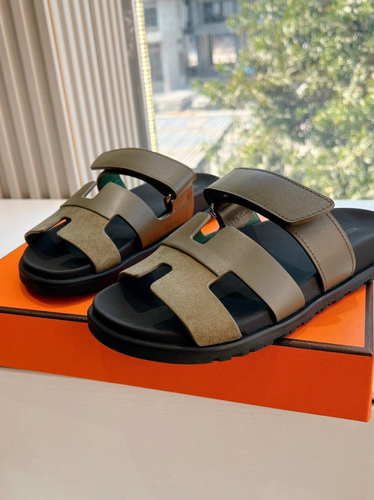 HM 26s Chypre Sandal In Army Green Suede And Calfskin