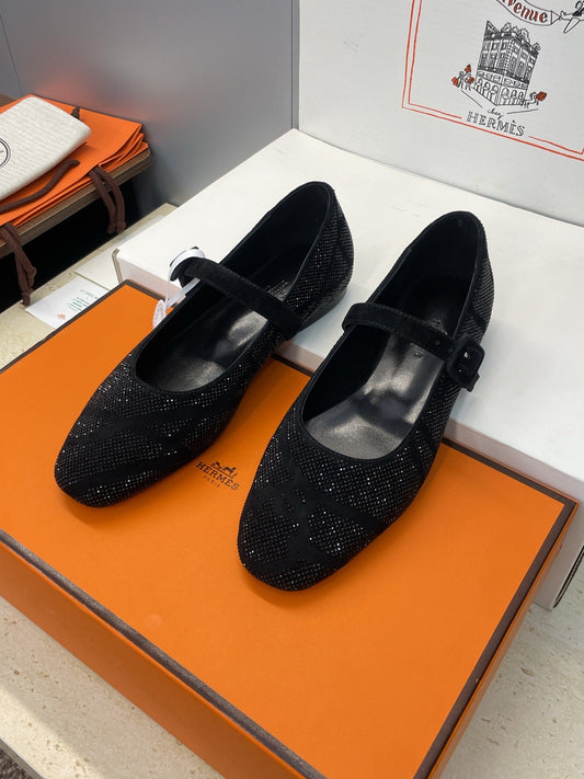 HM Light Ballet Flat with Black Rhinestone Black Lambskin
