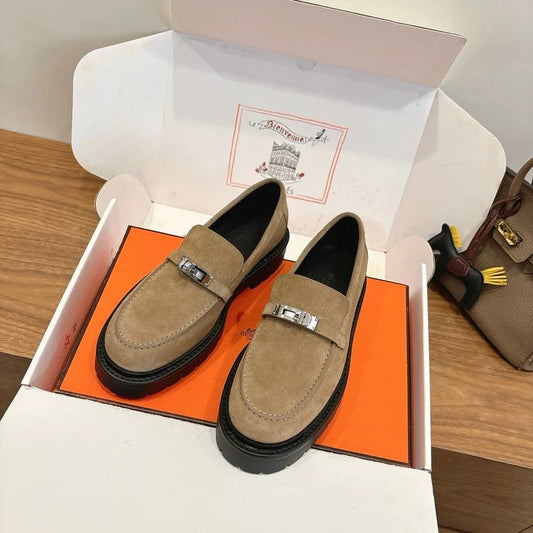 HM 26ss Loafers Beige Suede Sliver Buckle 638431
