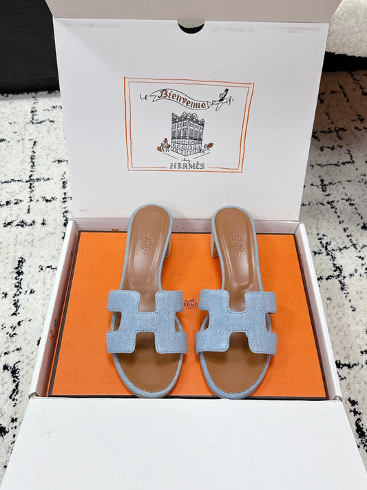 HM 26ss High-Heeled Sandals 50 Brown Blue Denim Cowhide 617220