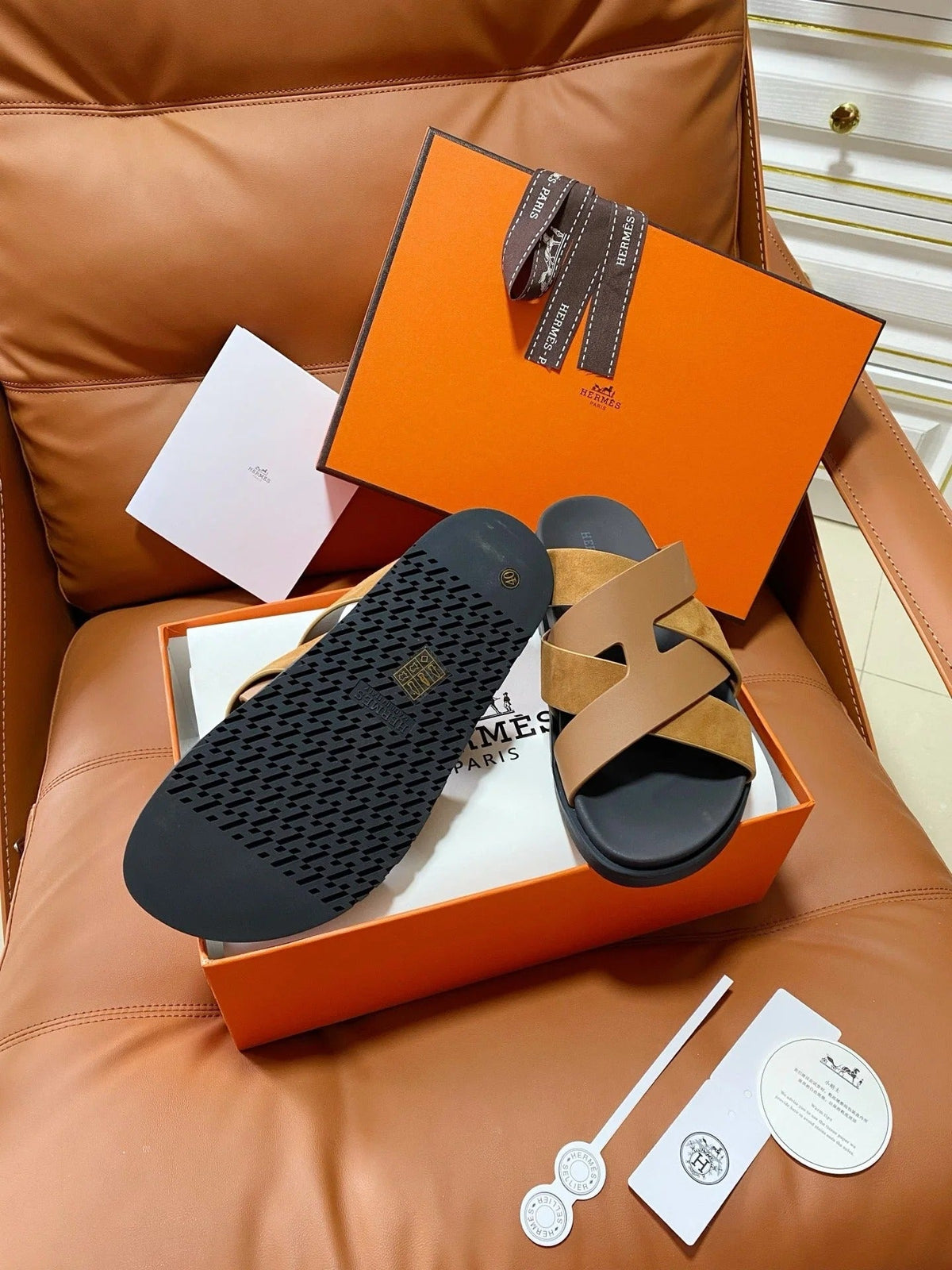 HM 2026 Cross Sandals Tan Suede Calfskin 667291