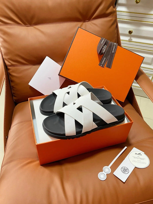 HM 2026 Cross Sandals White Canvas Calfskin 667285