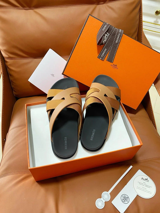 HM 2026 Cross Sandals Black Camel Brown Canvas Calfskin 667289