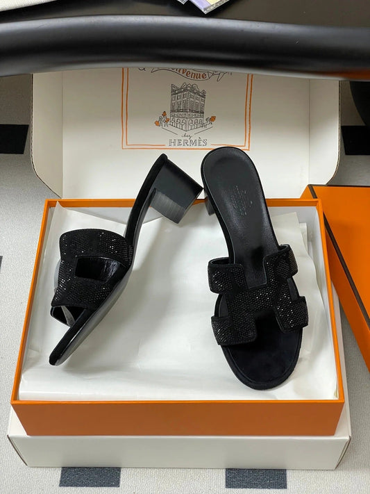 HM 25S ORAN HIGH‑HEEL SANDAL 50 MM IN BLACK LAMBSKIN WITH STONE DETAILS