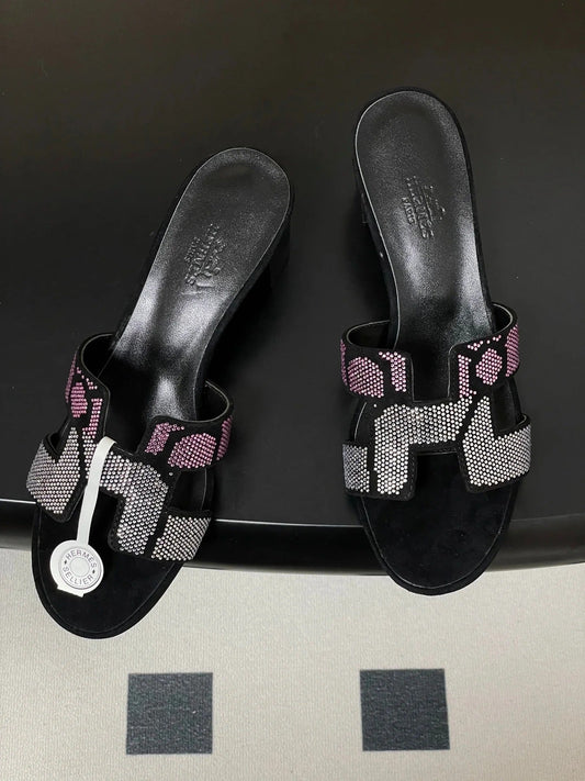 HM 25S ORAN HIGH‑HEEL SANDAL 50 MM IN BLACK LAMBSKIN WITH WHITE MIX PINK STONE DETAILS