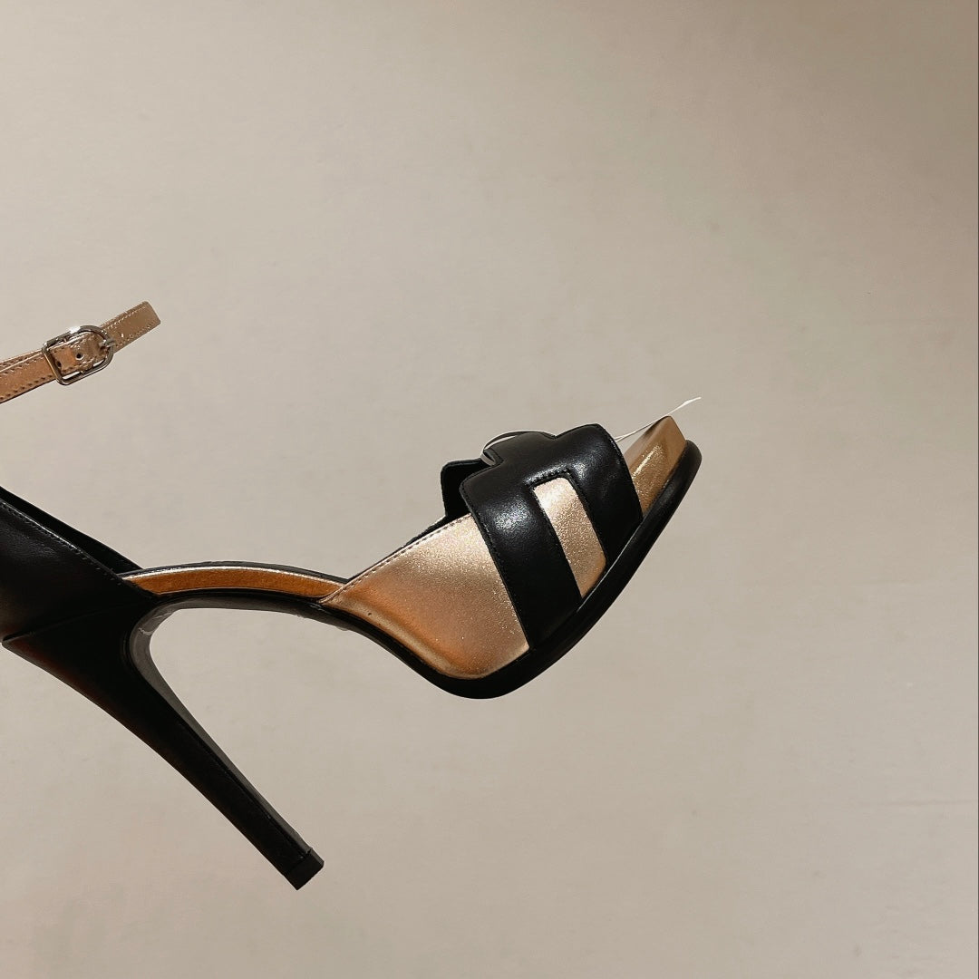 H - CLASSIC SANDAL 125 BLACK MIX METALLIC GOLD LAMBSKIN