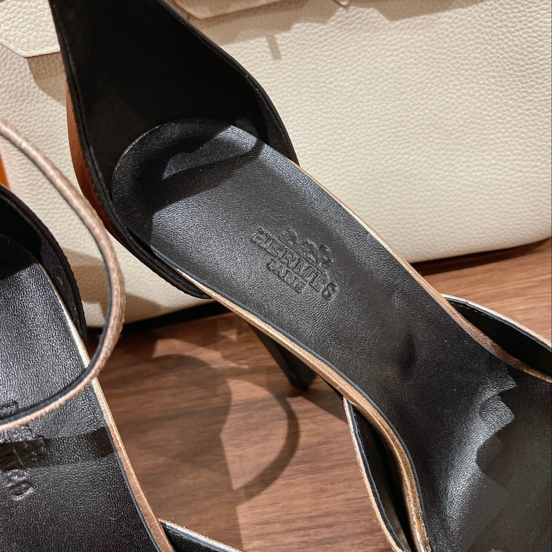 H - CLASSIC SANDAL 125 BLACK MIX METALLIC GOLD LAMBSKIN