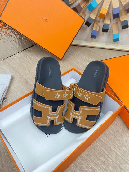 chypre sandal brown black calfskin white thread embroidered