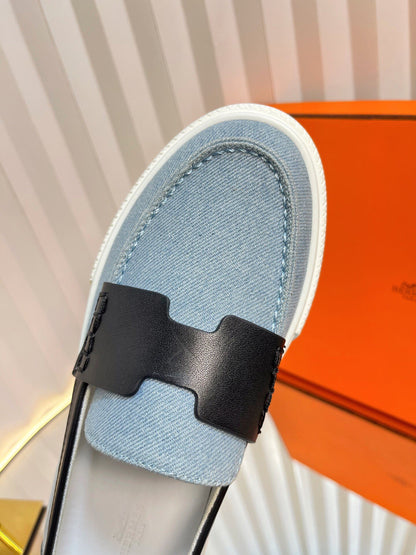 HM Denim Casual Loafer Blue Black Cowhide Cloth 317067