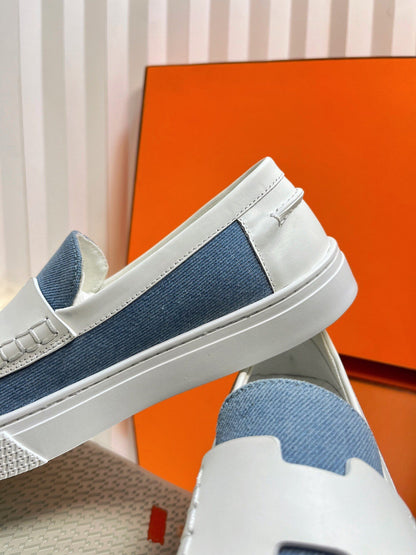 HM Denim Casual Loafer Blue White Cowhide Cloth 317068