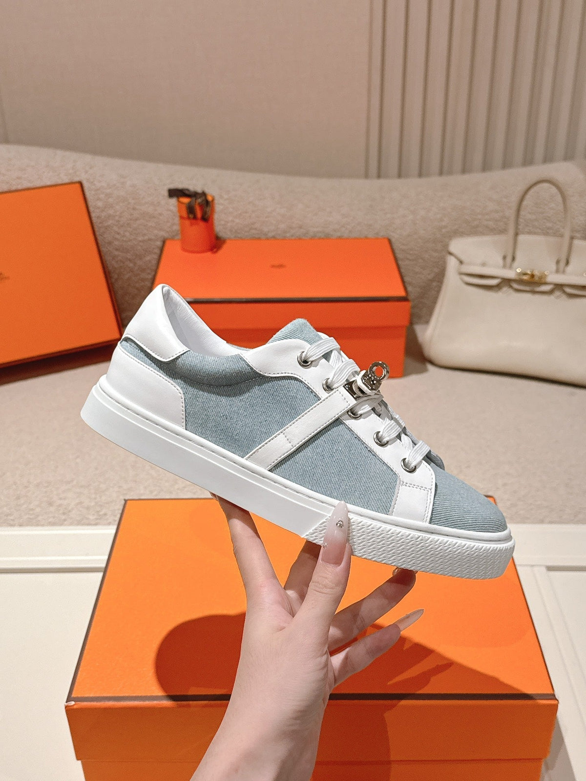 HM Day Sneakers White Calfskin Denim 577518