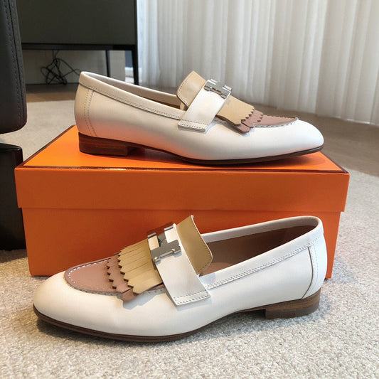Royal Loafer White Mix Beige Perlino Mix Beige Goatskin With Fringe Detail And Signature Paris Buckle