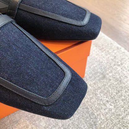 Hermès Pre-Owned Logo-buckle Loafers Blue Black Denim Leather