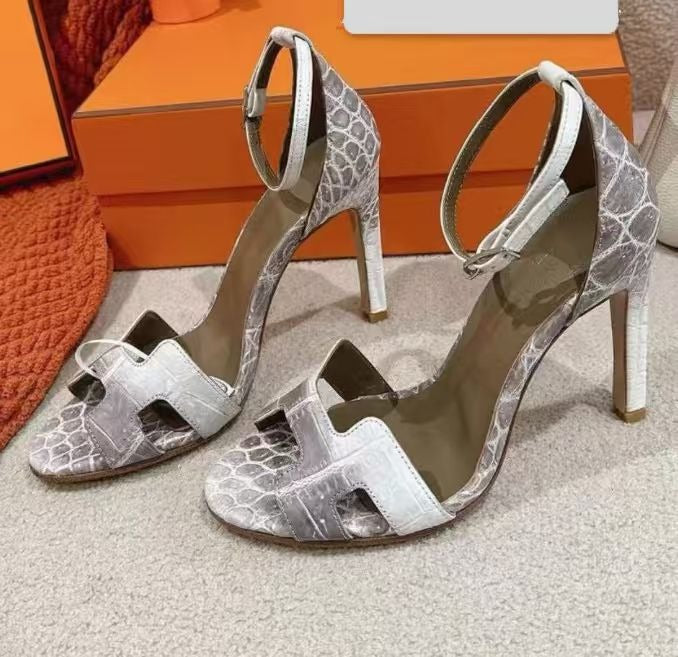 HM 2026 Premiere 105mm Crocodile Embossed Sandals White Grey Leather