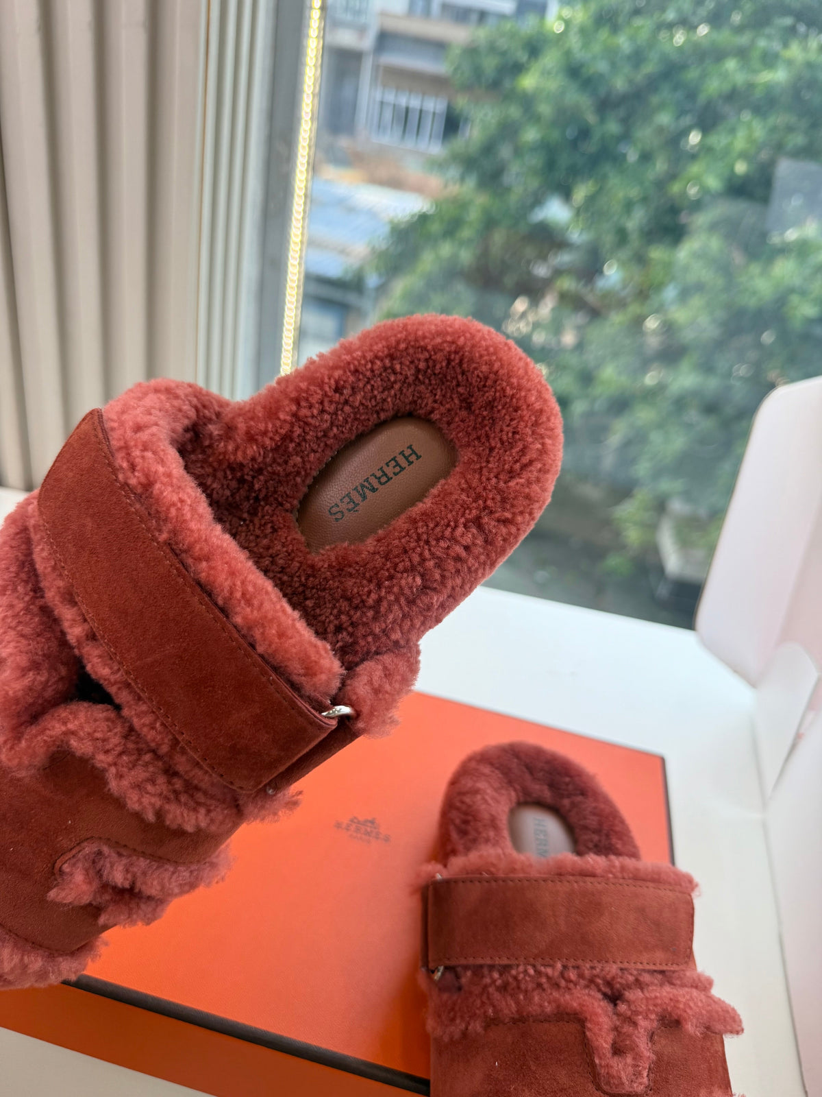 HM Chypre Sandals Brick Red Shearling Suede 967722
