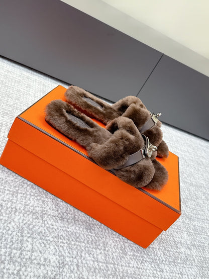 HM 25s H Shaped Slipper with Buckle Dark Brown Shearling 462194