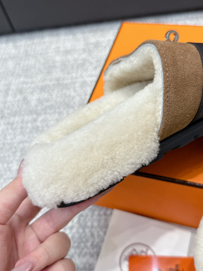 HM Kelly slippers Brown Cowhide Suede Fur 462203