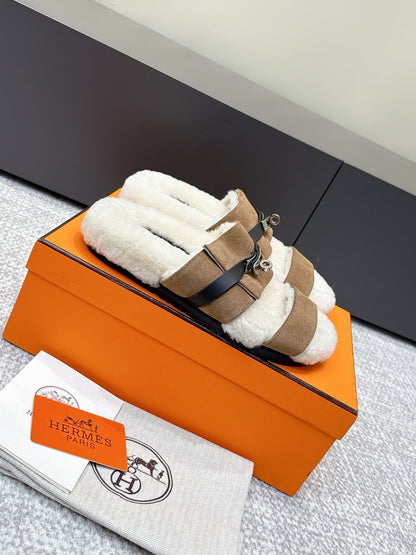 HM Kelly slippers Brown Cowhide Suede Fur 462203