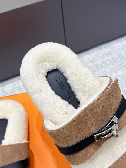 HM Kelly slippers Brown Cowhide Suede Fur 462203