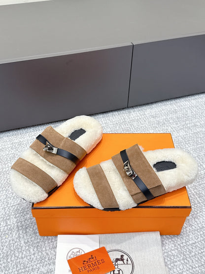 HM Kelly slippers Brown Cowhide Suede Fur 462203