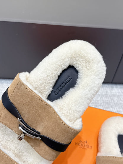 HM Kelly slippers Khaki Cowhide Suede Fur 462204