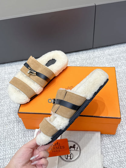 HM Kelly slippers Khaki Cowhide Suede Fur 462204