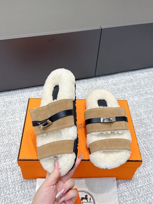 HM Kelly slippers Khaki Cowhide Suede Fur 462204