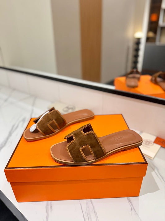 HM 26s Oran Sandals In Caramel Brown Suede With Tan Bown Braided Trim
