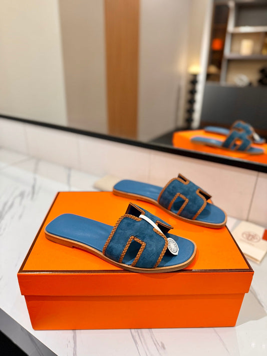 HM 26s Oran Sandals In Blue Suede With Tan Bown Braided Trim