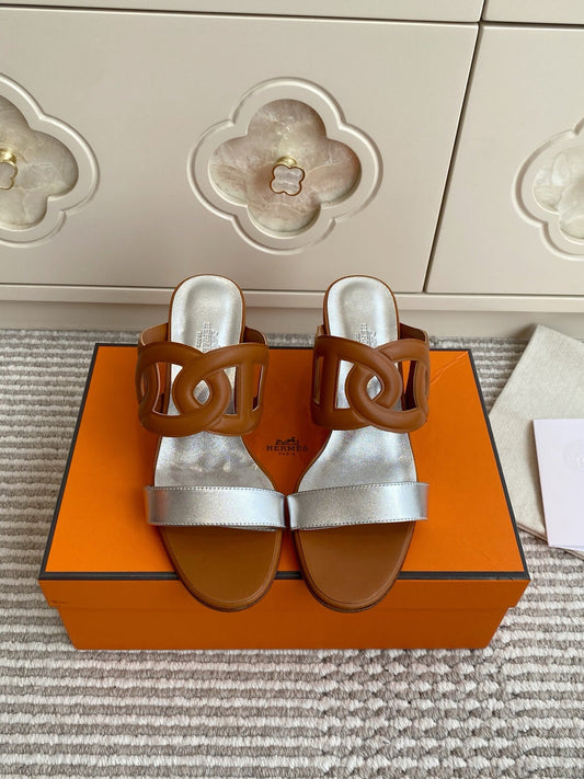 HM Lipari Sandal 7cm Tan Sliver Leather 776555