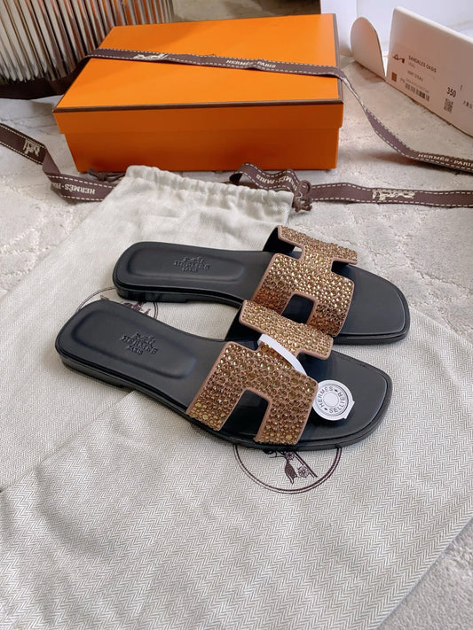 HM 26s Oran Sandal Black Brown Calfskin Crystal Embellished