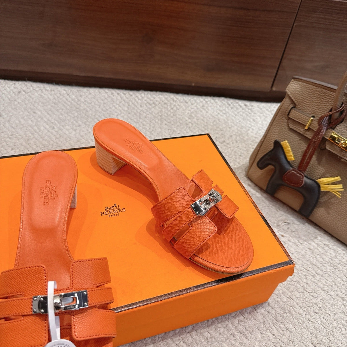 HM Kelly Buckle Sandals 5cm Bright Orange Leather 804985