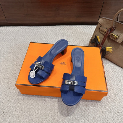 HM Kelly Buckle Sandals 5cm Navy Blue Leather 804992