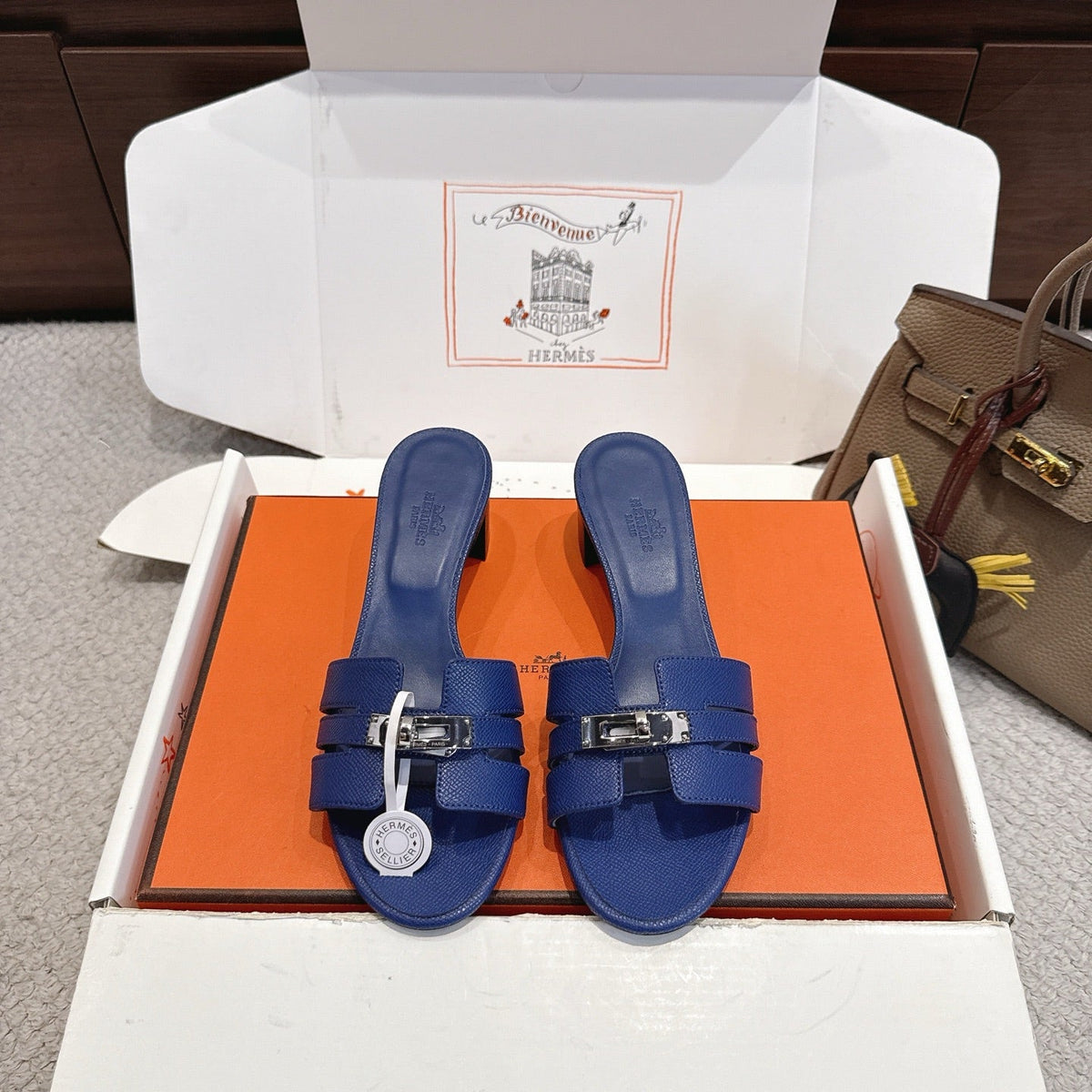 HM Kelly Buckle Sandals 5cm Navy Blue Leather 804992