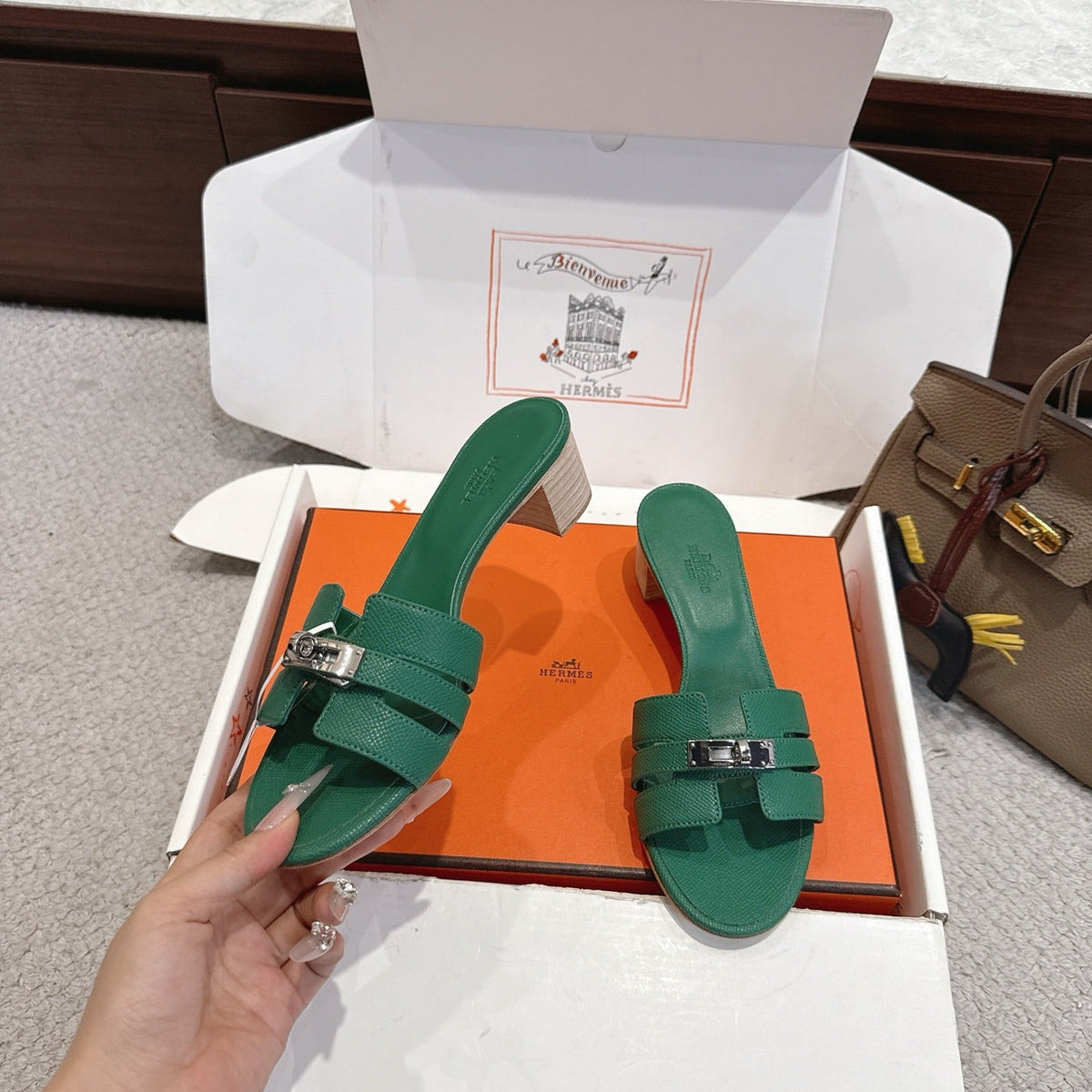 HM Kelly Buckle Sandals 5cm Green Leather 804993