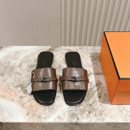 HM 2026 Flat Slippers Black Brown Calfskin 655861