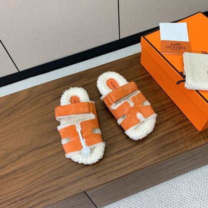 HM Chypre Sandal In Orange Mix White Fleece And Suede 984196