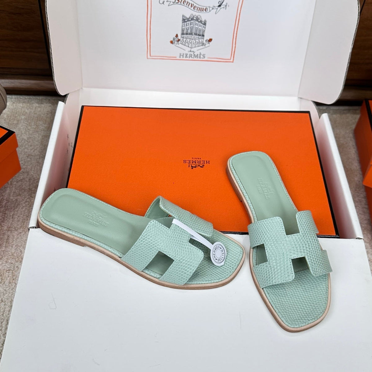 HM Oran Sandal Sage Green Embossed Lizard Leather 802375