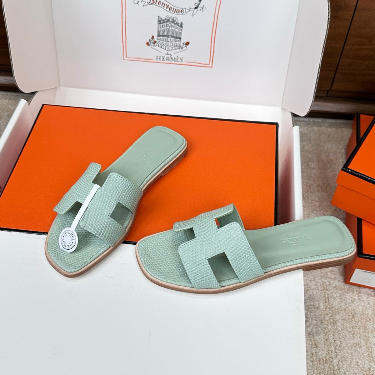 HM Oran Sandal Sage Green Embossed Lizard Leather 802375