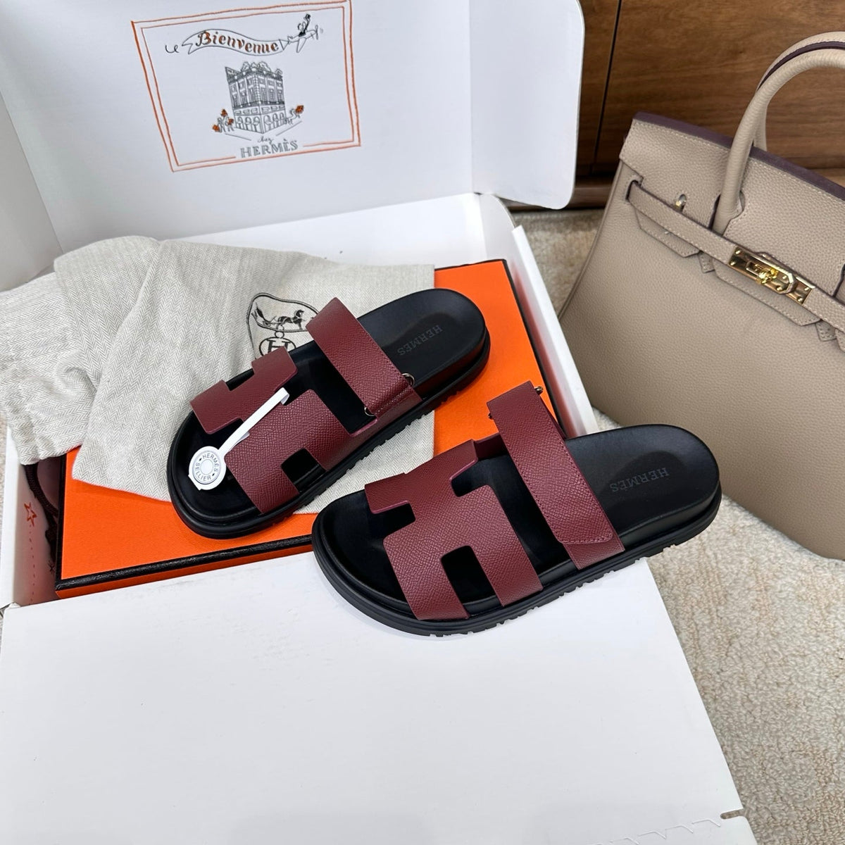 HM Chypre Sandal Black Burugndy Espom Leather 862391