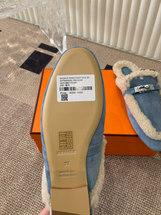 HM Oz Mule In Dark Pastel Blue Suede Lined With Wool Fleece 113199
