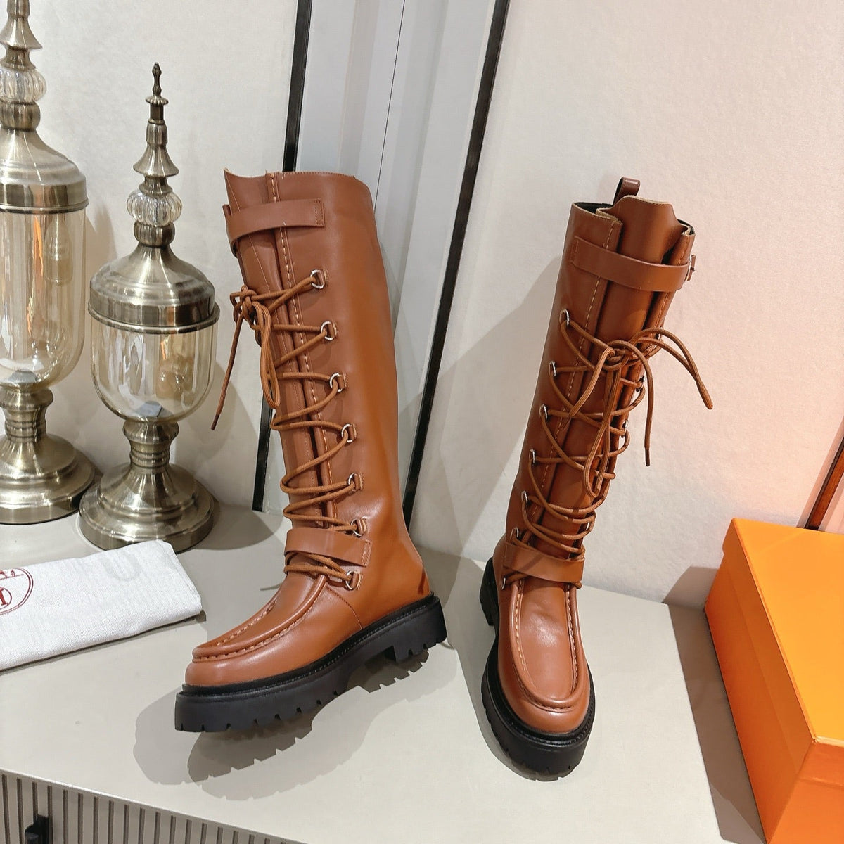 HM Lace Up Boots 25mm Belt Buckle Caramel Leather 466586