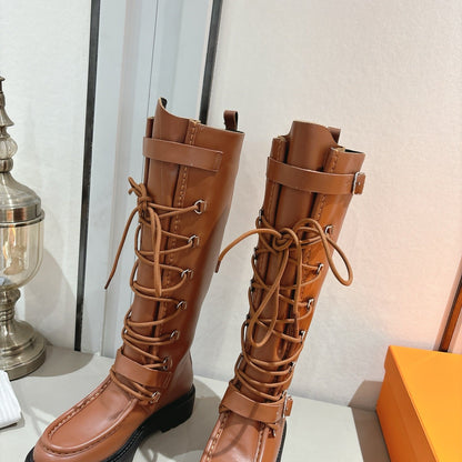 HM Lace Up Boots 25mm Belt Buckle Caramel Leather 466586