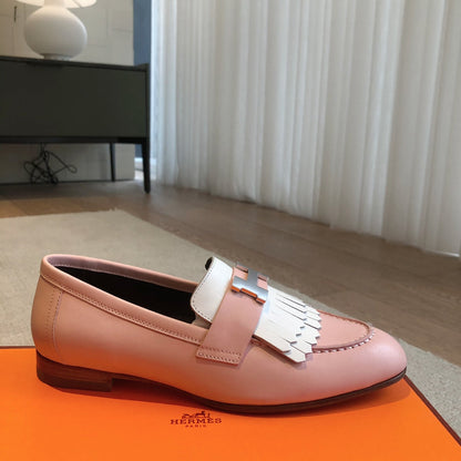 Royal Loafer Pink Mix White Calfskin With Fringe Detail And Silver Signature Buckle 509418