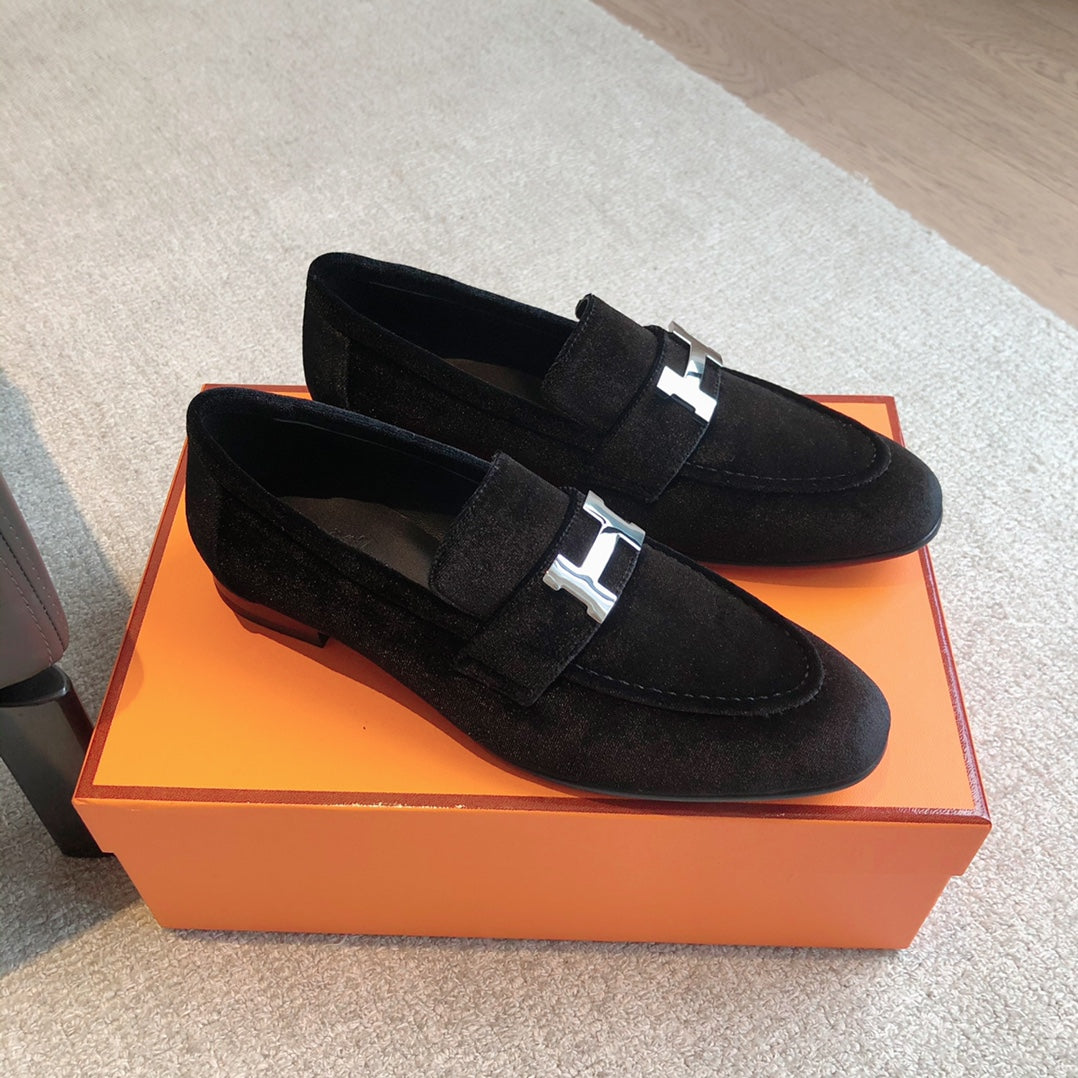 Paris Loafer Black Velvet Fabric With Silver Signature Buckle 509395